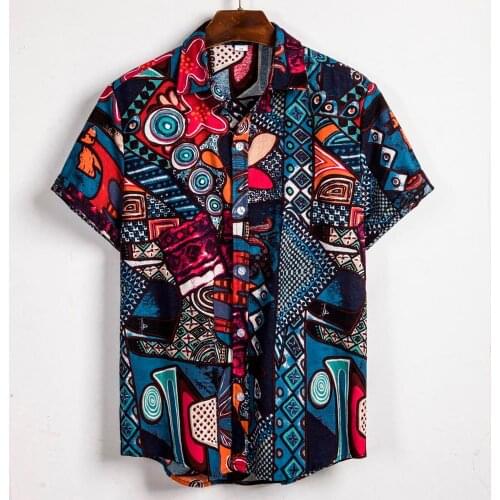 Men Shirts Ethnic Short Sleeve Casual Printing Hawaiian Shirt Blouse Couple loose Fit Beach Vintage Print harujuku Shirt for Man