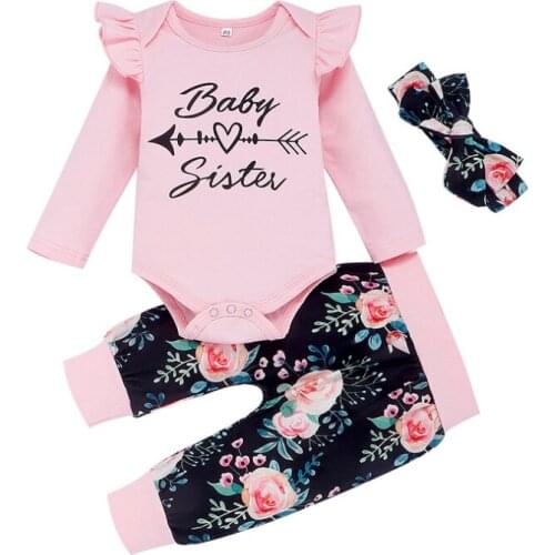 New romper creative letters children pink long-sleeve flower printing long-sleeve autumn girl three-piece childrens clothing