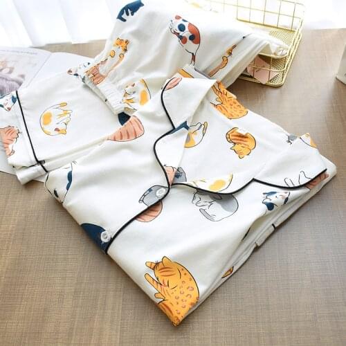100% Cotton Pajamas For Women 2021 Cute Cat Print Cartoon Home Clothes 2Pcs Set Sleepwear Female Tops+Pants Nighwear Pijama Suit