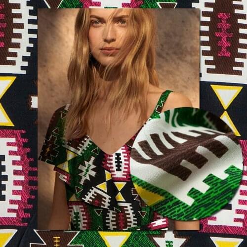 Retro fishbone&Geometric print pure silk crepe de chine fabric,black&green,sewing for shirt,blouse,dress,skirt,craft by the yard