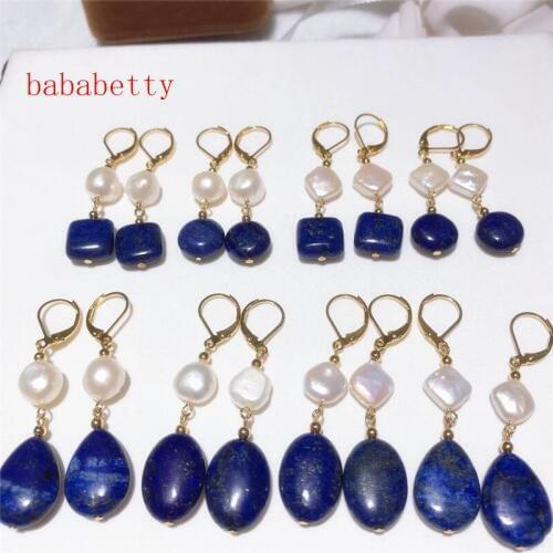 Wholesale New fashion simple irregular lapiss lazulis stone fresh water white natural AA irregular pearl handmade earrings 001