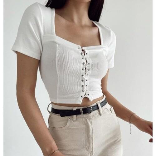 Ribbed Knit Bandage Y2k Crop Top Female Short Sleeve T-Shirts For Girls 2021 Summer Gothic Square Collar Stretch Punk Tee Shirt