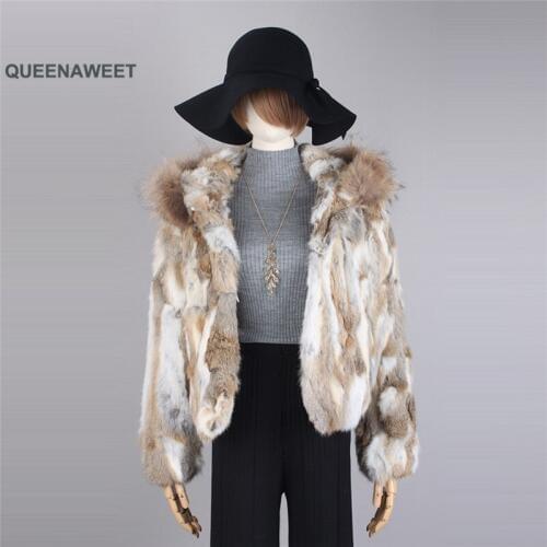 COA004 2019 New Women Real Rabbit Fur Coat with big hat WinterHigh Quality Outerwear Fashion Style Short Coat