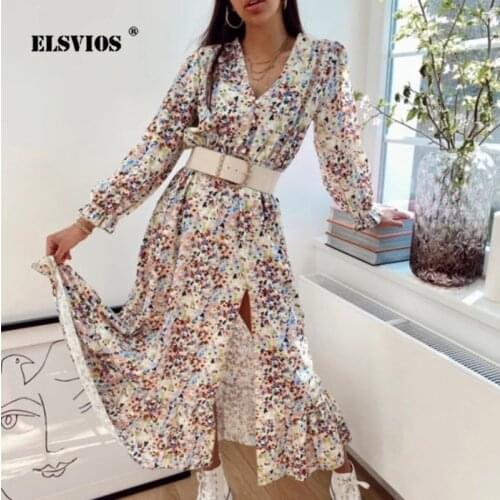 2021 Autumn Winter Women New Printed V Neck Long Sleeves Dress Elegant Sexy Split Beach Party Slim Long Dresses Casual Vestidos