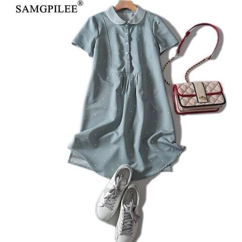 Dresses For Women 2021 New Korean Style A-line Dot Short Sleeve Elegant Dress Knee-length Peter Pan Collar Dresses Womens 4XL