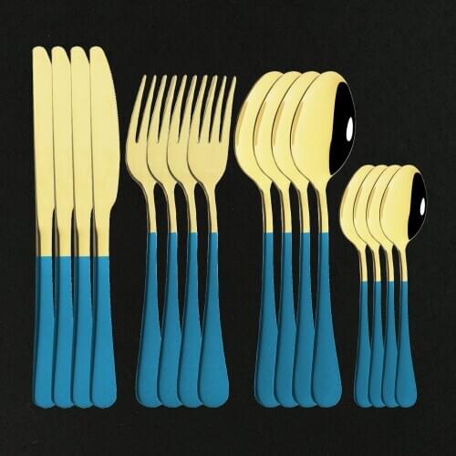 16Pcs Dinnerware Cutlery Set Blue Gold Fork Spoon Knife Stainless Steel Western Silverware For Kitchen Tableware Set Wholesale