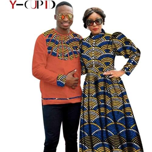 African Clothes for Couples Vintage Women Puff Sleeve Long Dresses Matching Outfits Bazin Men Patchwork Tee Shirts YS20C003