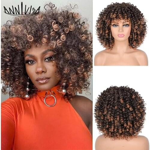 14inch Afro Kinky Curly Wig Synthetic Short Wigs With Bangs For Black Women Ombre Cosplay Blonde Mixed Brown Heat Resistant Hair