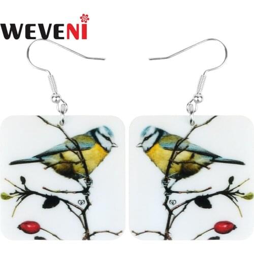 WEVENI Acrylic Square Parus Tit Earrings Realistic Tree Big Cute Bird Animal Dangle Drop Jewelry For Women Girls Summer Jewelry