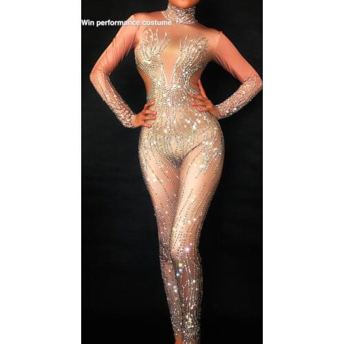 Sparkly Crystals Nude Jumpsuit Stretch Stones Outfit Celebrate Bright Rhinestones Bodysuit Costume Female Singer Birthday Dress