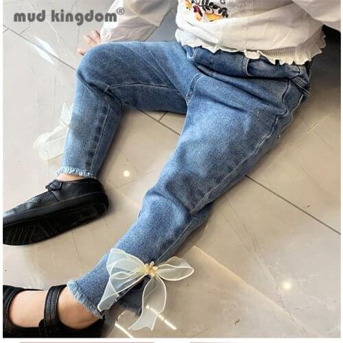 Mudkingdom Girls Jeans Fashion Bow Slim Elastic Waist Split Fork Pocket Denim Pants for Little Girl Spring Autumn Trousers