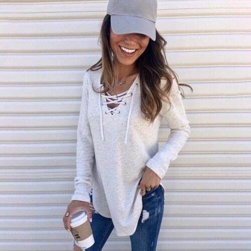 NewXXL 2021 Summer Women Solid Tee Shirts T-Shirt V Neck Long Sleeve Cross Bandage Tshirts Femme Tops Black White