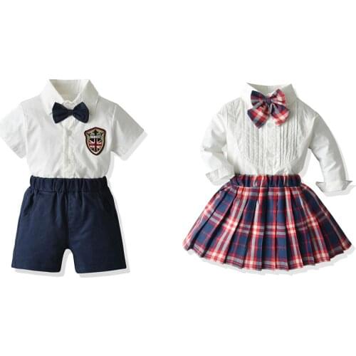 Tem Doger Summer College Style Boys Girls Matching Set Child Boy Gentleman Set Girls Bowtie Dress Suits Brother$Sister Outfits