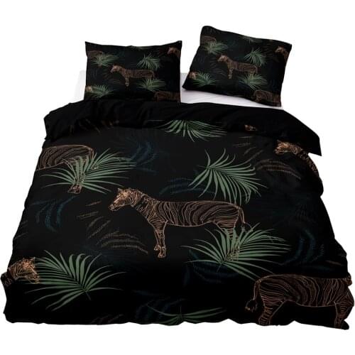 Tropical Jungle And Zebra Pattern Duvet Cover Set With Pillowcase, 220x260 Quilt Cover, 173×218 Blanket Cover,Black Bedding Set
