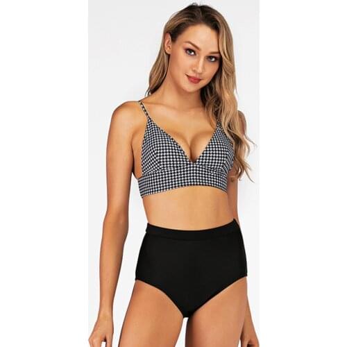 High Waist Swimsuit Houndstooth Print Bikini Women Swimwear Black
