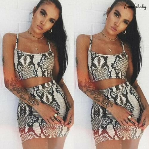 Fashion Ladies Snake Print Two Piece Set Streetwear Women Summer Sleeveless Bandage Crop Top Skirt set Party Club 2 piece set