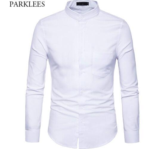 Mens Oxford Dress Shirt Slim Fit Long Sleeve Mandarin Collar Dress Shirts 2018 Spring New Men Casual Shirt for Business Man XXL