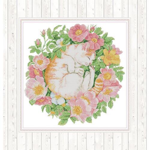 Cat Among The Flowers Counted Cross-stitch Patterns Embroidery Kit Aida 14CT 11CT Printed Canvas DMC Floss DIY Hand Needlework