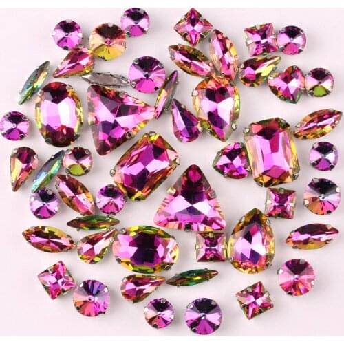 Silver claw settings 50pcs/bag shapes mix Fuchsia rainbow glass crystal sew on rhinestone wedding dress shoes bags diy trim