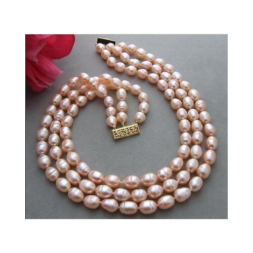 New 3 Rows9-10mm natural Australian southseagold pink pearl necklace17"-19"14K