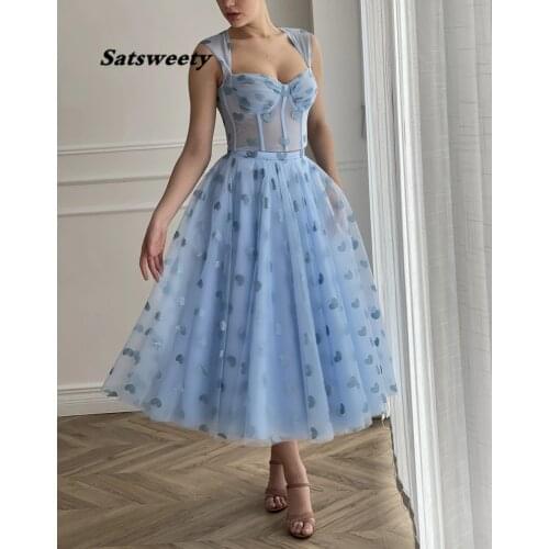 New Blue 2 pieces Short Prom Dress 2021 Boning Top Corset Back Evening Gowns Princess Heart Tulle Girls Party Dresses
