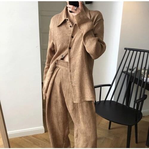 Obrix Female Spring Autumn Casual Style Set Square Collar Loose Shirt High Waist Long Pants Streetwear Office Outfit for Women