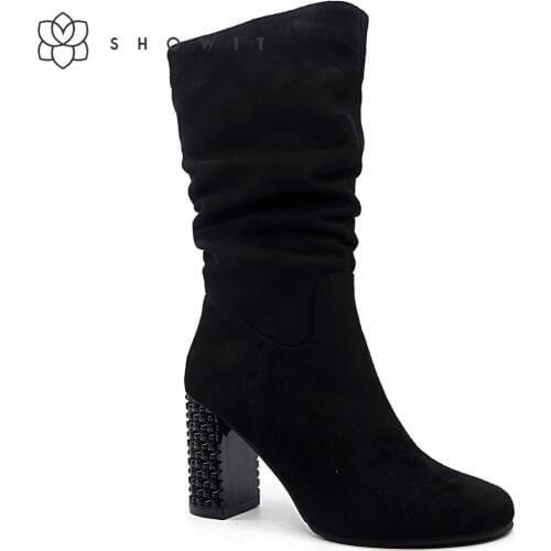 Autumn Elegance Pleated mid-calf womens boots Fashion Black super Square special heel ladys fall footwear zipper flock shoes