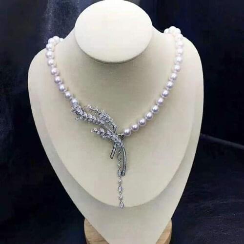 Hand knotted 45cm 8-9mm white nearly round freshwater pearl micro inlay zircon accessories necklace fashion jewelry