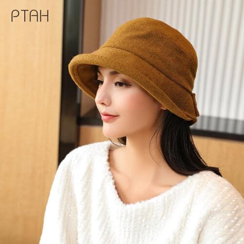[PTAH] Autumn Winter Bucket Hat for Women Temperament Warmer Comfortable Hat Soild Color Bow Bonnet Ladies Casual Hat Cap Female