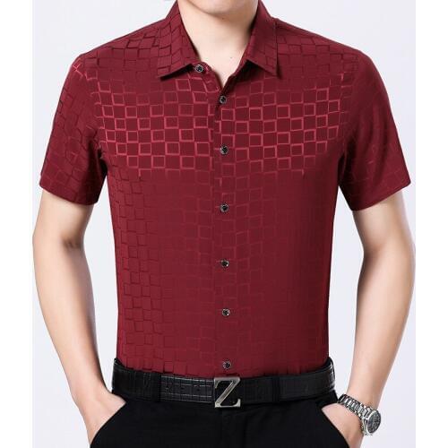 Summer Real Silk Men Red Short Sleeve Shirt Casual Mens Shirts High Quality Social Korean Camisa Masculina G8886 KJ1250