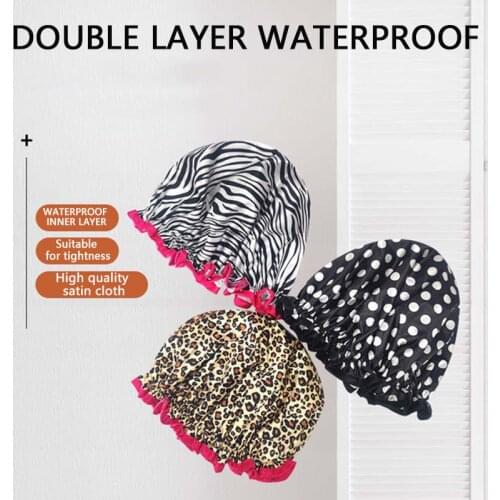 Shower Cap Women Satin Silk Long Hair Wrap at Night Double Layer EVA Waterproof Spa Sauna Bath Hat TJ3392