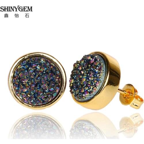 ShinyGem Luxury 10mm Round Natural Sparkly Crystal Druzy Stud Earrings Gold Plating Multi-Colors Stone Earrings For Women Gift