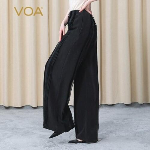 VOA Silk Heavy 40m/m Polar Black Trousers KE336 Natural Waist Wood Ear Stripe Decoration Loose Comfortable Wide Leg Pants