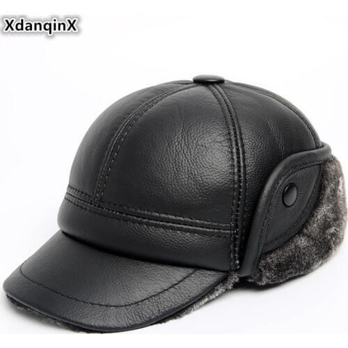 XdanqinX Men Winter Warm Hats Thick Velvet Fur Cap Mens Genuine Leather Baseball Cap Warm Cowhide Leather Hat Dad Earmuffs Caps