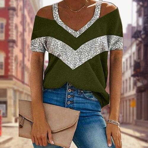 Strapless V Neck Women T-shirt Summer Color Block Stitching Halter Tee Shirt Casual Loose Pullover Tops Female Plus Size 5XL