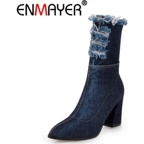 ENMAYER Ankle Boots Brand Womens Shoes Stretch Slip-on Autumn Pointed Toe Short Booties Slip on Flock Fashion boots CR1937