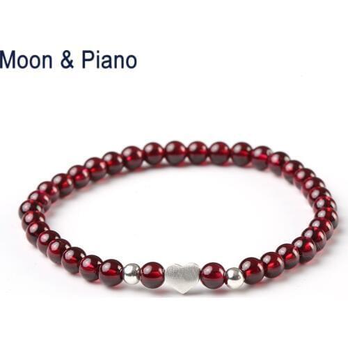 Garnet Stand Beads Bracelets 925 Sterling Sliver Heart Romantic Jewelry for Woman Natural Red Crystal Anniversary Birthday Gift