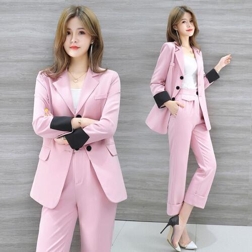 Womens suit 2019 new autumn and winter single-breasted solid color professional wear fashion trousers womens two-piece suit