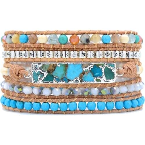 Unique Mixed Natural Stones Gilded Stone Charm 5 Strands Wrap Bracelets Handmade Boho Bracelet Women Leather Bracelet Dropship