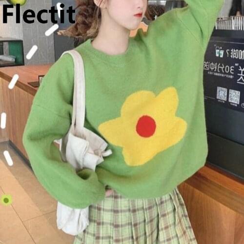 Flectit Cute Flower Print Knit Sweater Women Jumper Loose Long Sleeve Crew Neck Pullover Sc hool Girl Kawaii Aesthetic Clothes