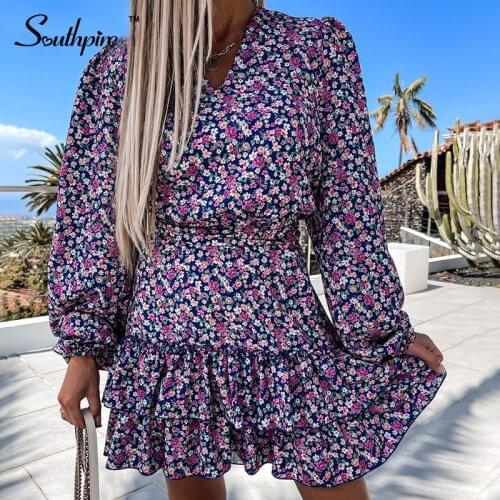Southpire Womens V-Neck Floral Print Mini Party Dress 2021 Long Sleeve Loose Waist Casual Dress Ladies High Street Day Clothes
