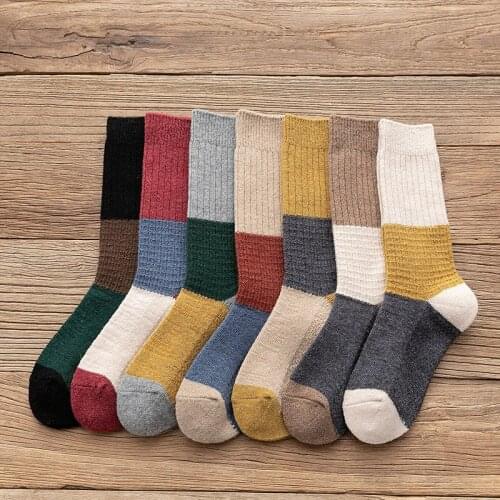 1Pair Wool Ladies Pile Socks Patchwork Color Mid Tube Socks Keep Warm Thicking Korean Style for Winter Women Socks