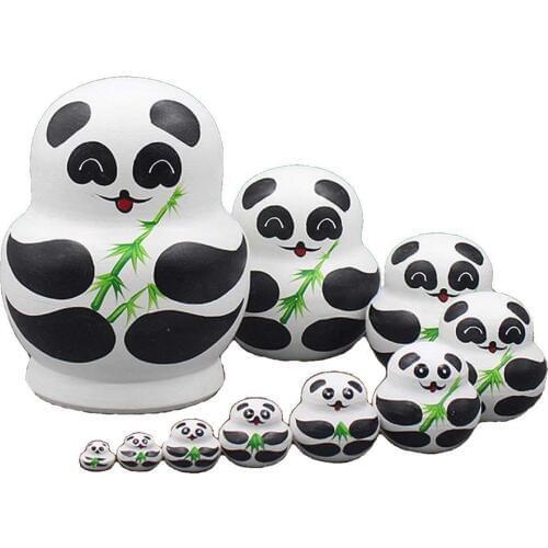 10Pcs/Set Wooden Panda Animal Russian Nesting Dolls Toy Handmade Craft Kids Gift Hand painted 10 different panda pattern gifts
