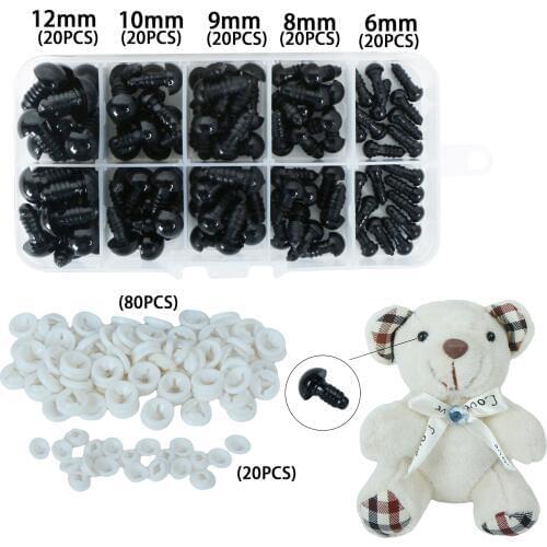 100 Pcs 6-12mm Black Plastic Plush Toy DIY Crafts Safety Eye Crafts + Storage Box Stuffed Toys Doll Amigurumi Puppet Accessories