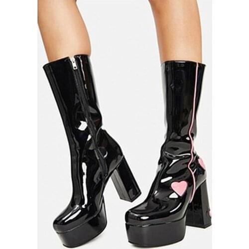 Black High Platform Patent Leather Boots High Chunky Heel ladys Knee High Boots Side Zip Fashion Shoes Winter