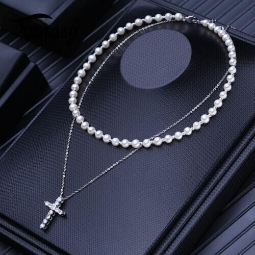 FENASY Natural Freshwater Pearl Necklaces For Women Luxury Round 35 CM Choker Necklaces Cross Pendant Party Wedding Jewelry