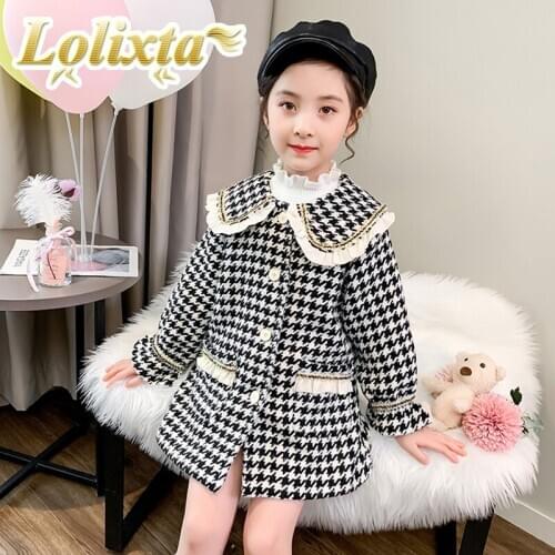 Kids 3-14 years houndstooth warm autumn winter princess crew neck jackets for little girls fashion coats kroea children clothes