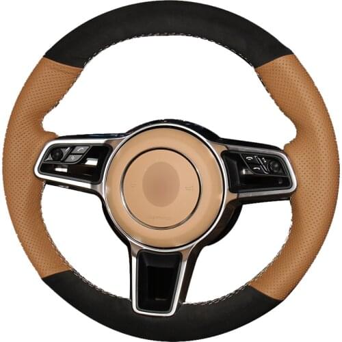 Brown Natural Leather Black Suede Car Steering Wheel Cover for Porsche Macan Cayenne 2015 2016