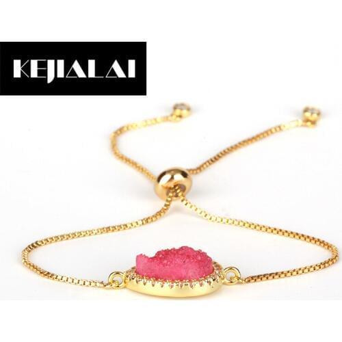 KEJIALAI Waterdrop Shape Link Chain Bracelet Metal Gold Color Chain Simple Style Jewelry for Sweet Girl Natural Stone Colorful