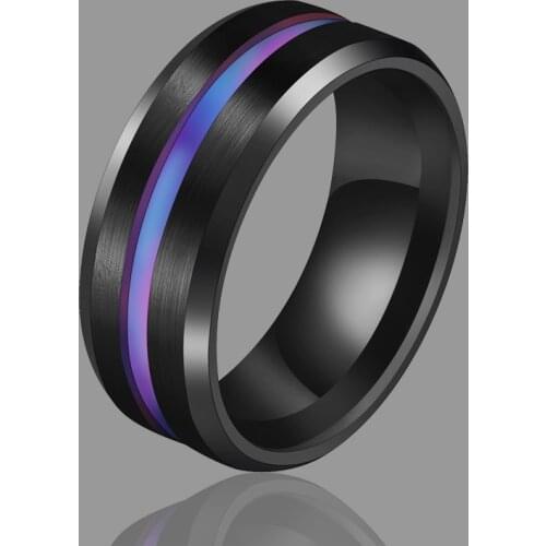 Trendy 8MM Black Blue Groove Stainless Steel Ring For Woman Men Wedding Bands Rainbow Couples Rings Male Jewelry Drop shipping